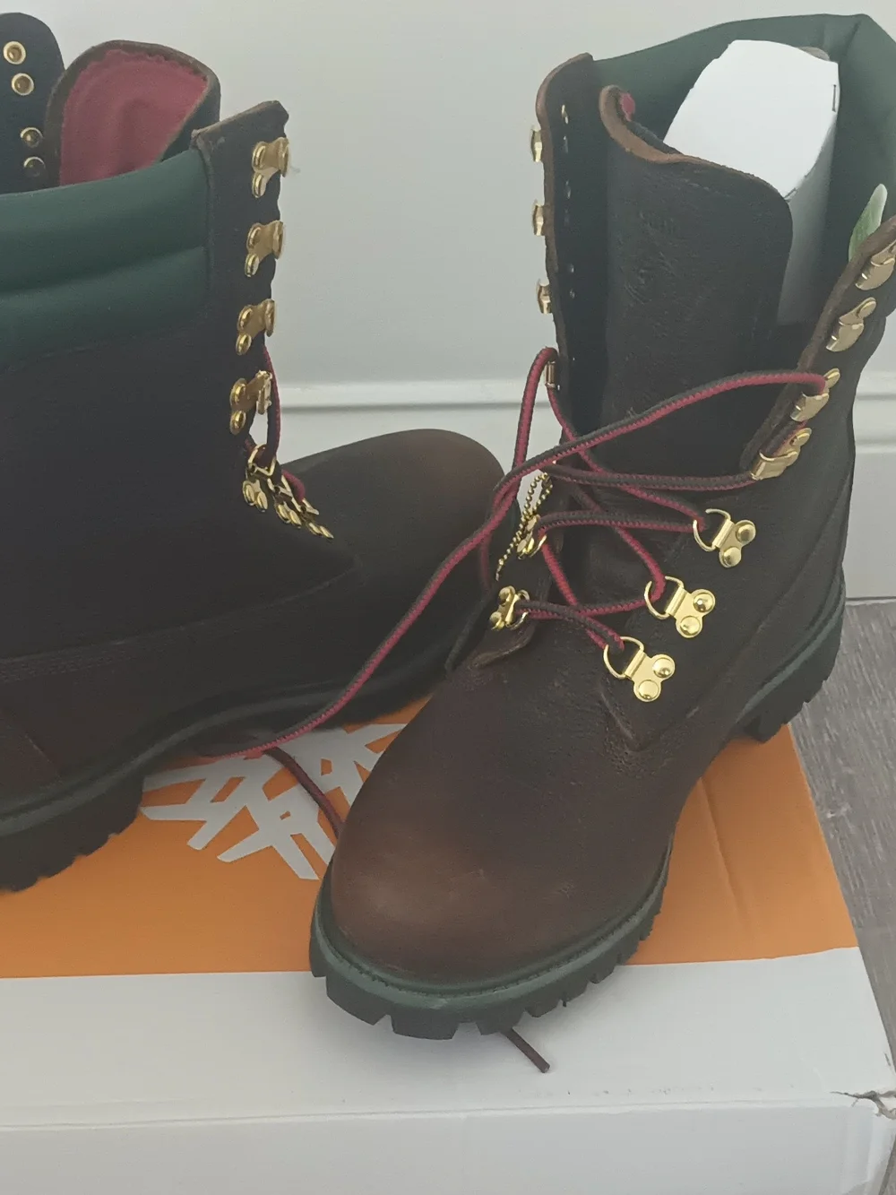 Timberland Brown Leather Hiking Boots with Green Collar and Red Laces